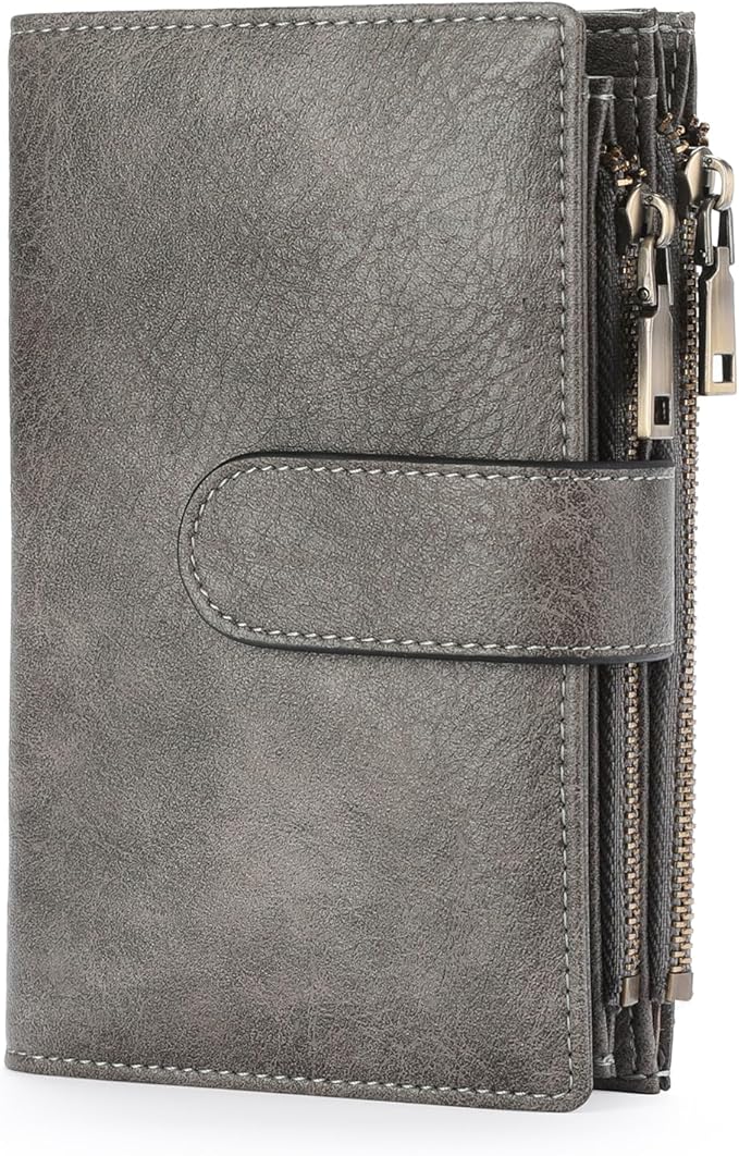 GOIACII Womens Wallets RFID Blocking Leather Trifold Clutch Wallet Credit Card Holder Ladies Purse 3 ID Windows Grey