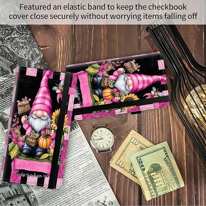 FUYOCWE Checkbook Covers for Personal Checkbook,RFID Blocking Leather Check Book Covers Wallet with Pen Holder & Card Slot for Women Men -Pink Gnome Halloween