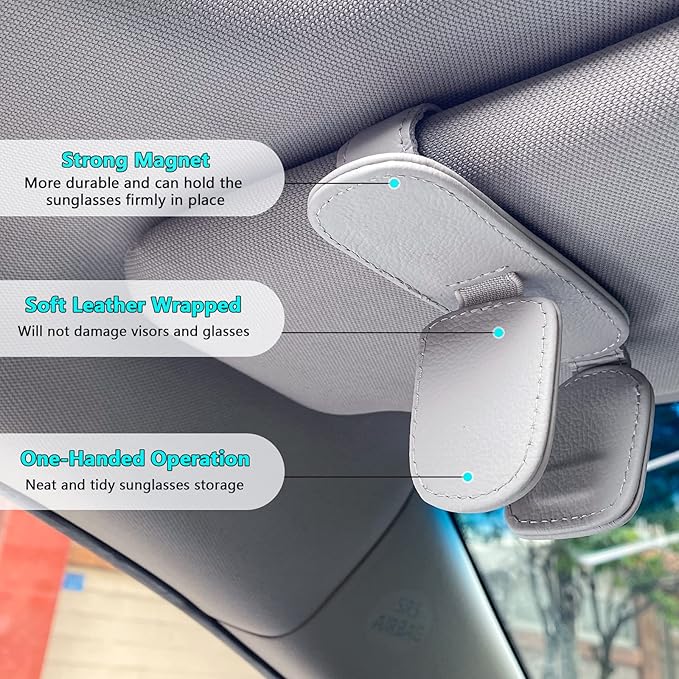 Visonx Sunglass Holder for Car Visor Clip, Magnetic Leather Eyeglass Hanger Clip for Car, Square Car Visor Accessories (Gray)