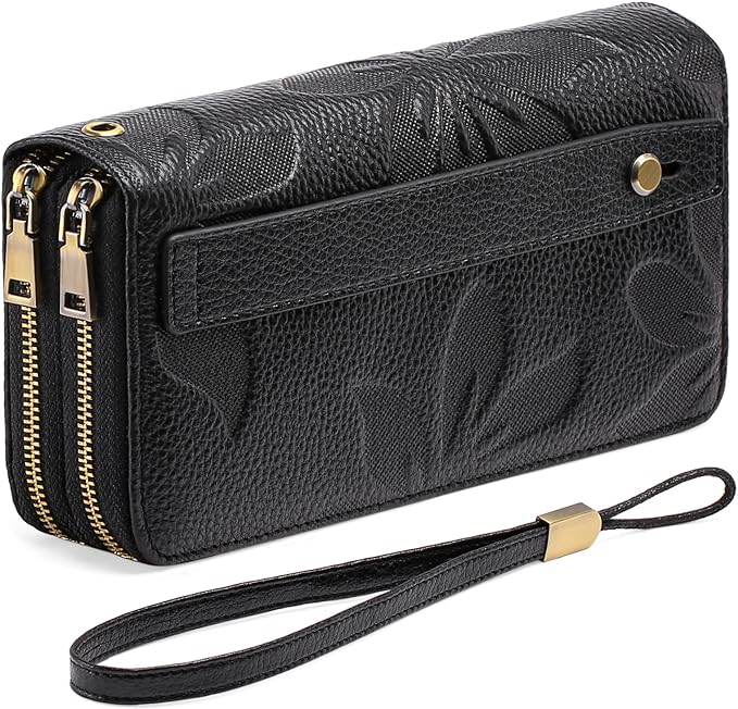 GAEKEAO Wallet for Women Clutch RFID Blocking Wristlet Leather Purse Large Capacity Credit Card Holder with Grip Hand Strap