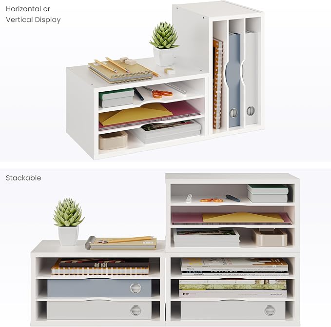 Ballucci File Organizer, 3-Tier Document Paper Sorter, Stackable Wood Desk Organizer, Mail Sorter and Monitor Stand with Storage Shelves, White