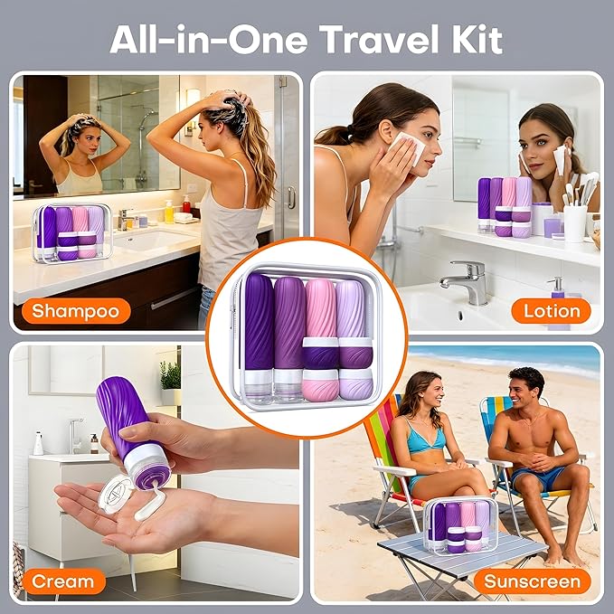 8 Pack Travel Bottles for Toiletries, TSA Approved Silicone Travel Size Containers, Refillable Liquid Leak Proof Shampoo and Conditioner Bottles & Cream Jars, Airplane Carry On Essentials