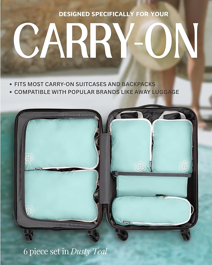 Compression Packing Cubes for Travel, 6-Piece Lightweight Packing Cubes Set for Carry-On Luggage & Backpacks – TRIPPED Travel Gear (Dusty Teal/White)