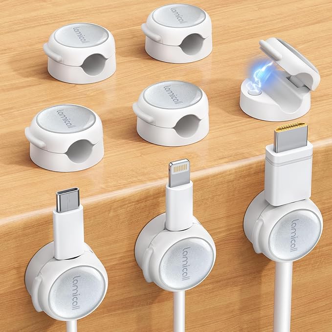 Magnetic Cable Clips Cord Organizer - Lamicall 8Pack [Crystal-Clear & Silver Shine] Aesthetic Phone Charger Cable Management Clips for Nightstand, Home Office Desk Desktop Organizer Accessories