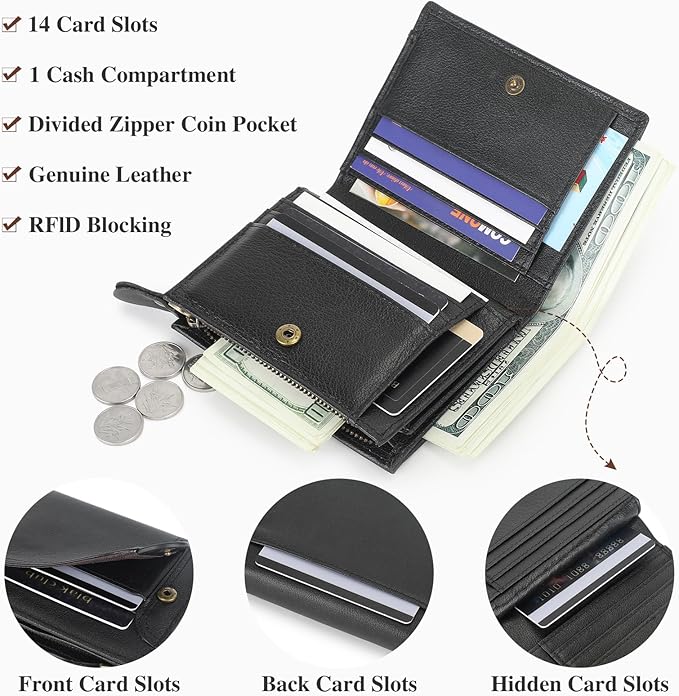 BAIGIO Genuine Leather Wallets for Men, Large Capacity Mens Bifold Wallet Leather RFID Blocking with Huge Zip Coin Pocket, 14 Credit Card Slots, Men's Cash Wallet in Gift Box, Black
