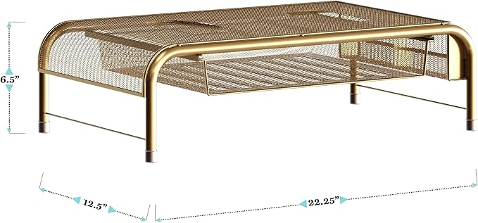 Martha Stewart Ryder Gold Mesh Metal Desktop Monitor Stand Riser with Organizer Drawer and Side Storage