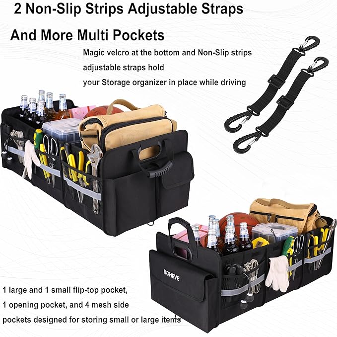 Homeve Trunk Organizer, Car Storage, Reinforced Handles, Collapsible Multi-Compartment, Foldable, Waterproof, Sturdy, 600D Oxford Polyester For Car, SUV, Mini-Van, Black, 3 Compart
