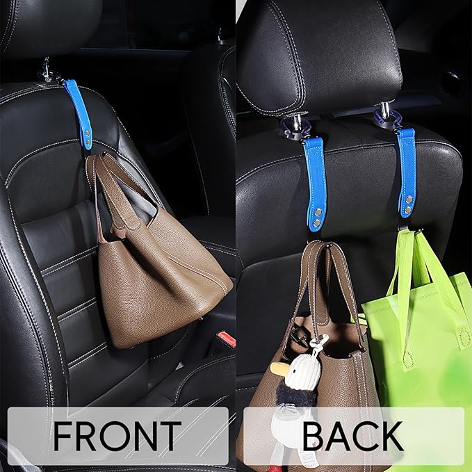 2 Pack Car Hook Holder Leather Headrest Hooks for Purses and Bags,SUS304 Car Hook(Blue)