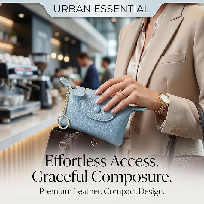 Women's Genuine Leather Mini Coin Purse and Wrist Bag - Coin Organizer, Change Holder, Card Case, Zipper Storage Bag in Water Blue