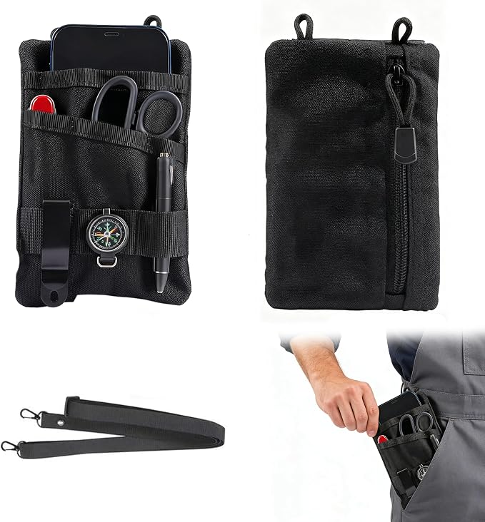EDC Pouch Oxford Fabric Pocket Organizer with Adjustable Strap EDC Fanny Pack for Travel Running, Secure Zip Pocket for Keys Cards Cash, Holds Flashlight Pocket Knife Multitool Pen