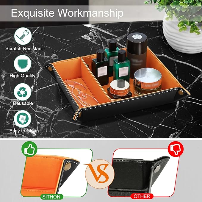 SITHON Valet Tray Desktop Storage Organizer, Removable 2 Compartments Catchall Tray Bedside Vanity Nightstand Caddy Holder Desk Storage Plate, Orange