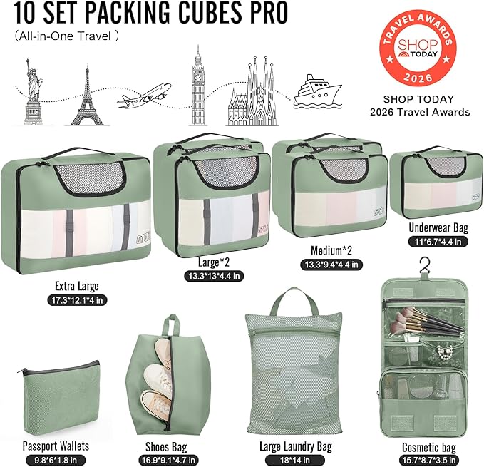 Veken 10 Set Packing Cubes for Travel Essential, Suitcase Organizer Bags in 4 Sizes, Carry-On Luggage Accessories with Large Laundry & Hanging Toiletry Bag, Must-Have for Airplane, Road Trip & Camping
