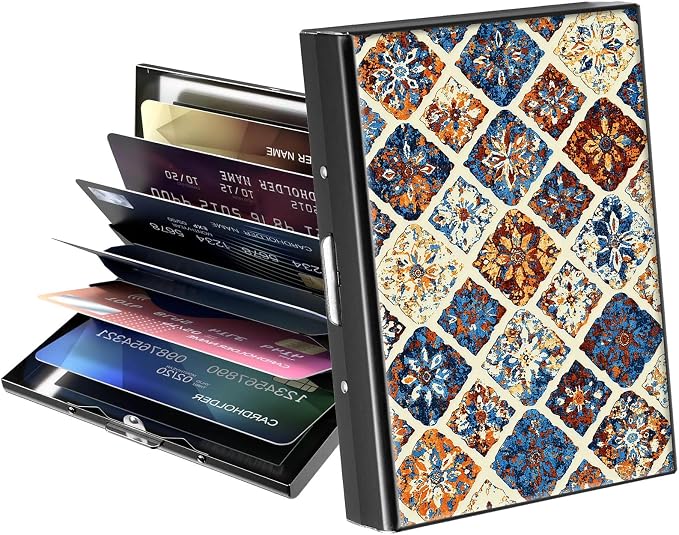 Metal Wallet,Credit Card Holder for Women Men,RFID Blocking Card Holder Mini Slim Aluminum Wallet ID Case Hard Case Business Card Holder Case,Vintage Pattern