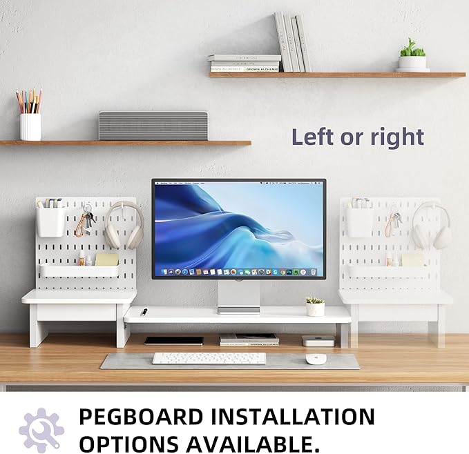 Pegboard Monitor Stand Riser,Computer Monitor Stand with 2 Hooks Cable Management Desk Organizer and Drawer for Laptop,PC,Computer,Printer,White