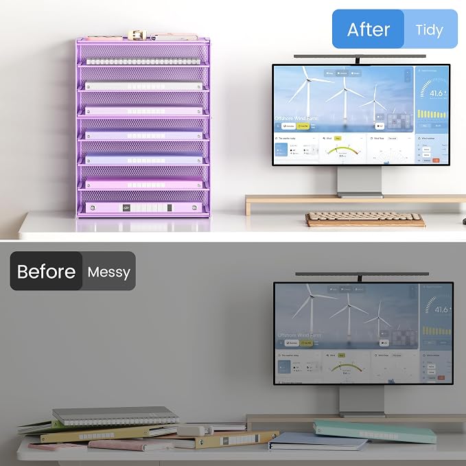 Lavatino 8-Tier Office Desk File Organizer, Letter Tray Paper Organizer with Handle, Including 5 Adjustable Slide Trays for Organizing Desktop Workspace Accessories and Supplies (Purple Metal Mesh)