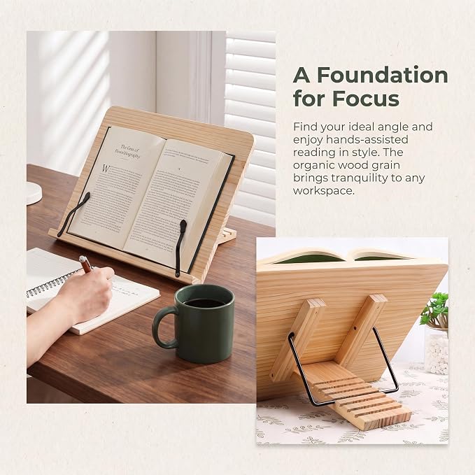 Wooden Book Stand 8 Adjustable Angles, Foldable Reading Holder with Page Clips, Hands-Free Cookbook Stand for Textbook Tablet Laptop Desktop, Ergonomic Portable Book Stand for Kitchen Office Study