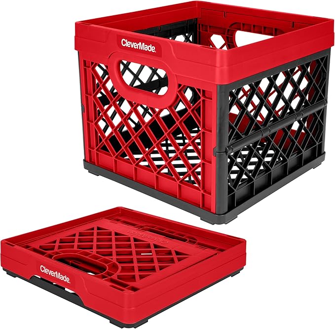 CleverMade Collapsible Milk Crate 25L (6.6 Gal), 50 lb Capacity Heavy Duty Folding Crate – Stackable Storage Crates with File Rails, Plastic Collapsible Crates - Red