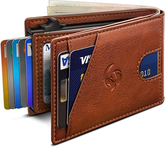 Wallet for Men, Slim Pop Up Card Holder with RFID Blocking, Minimalist Bifold Wallet with 9 Card Slots, ID Window and Cash Pocket, Metal Flip Case with Magnetic Closure, Gift Box
