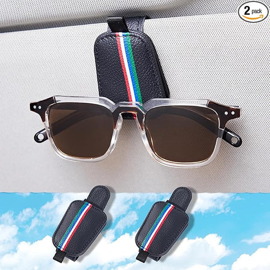 Sunglasses Holder for Car Visor - Universal Car Eyeglass Glasses Magnetic Clip - 2 Pack Leather Car Convenient and Fashion Sunglass Organizer Hanger Clip Ticket Card Clip Interior Accessories (Black)