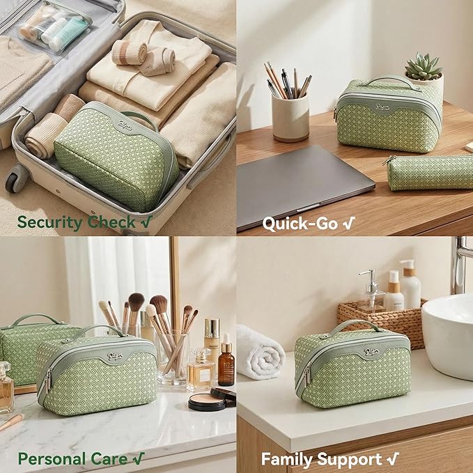 BOYATU Travel Makeup Bag for Women: Four Leaf Clover Large Capacity 3 Pcs Set Cosmetic Bags - Waterproof 50% Extra Space for Toiletry Organizer - Travel Essentials for Fortunate (01 Light Green)