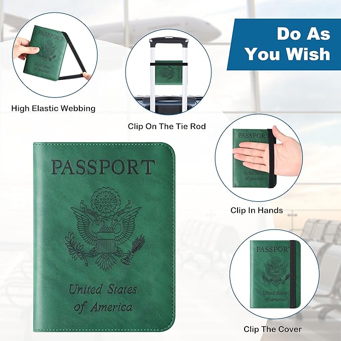 Airtag Passport Holder for Travel Essentials Wallet Rfid Blocking Cover Leather Case Vacation Travel Accessories for Women Men (601#Green)