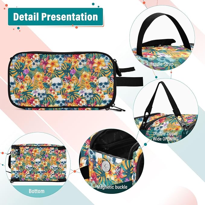 MNSRUU Large Capacity Makeup Bag, Skulls Hibiscus Flowers Portable Toiletries Organizer for Women, Travel Size Cosmetic Bag
