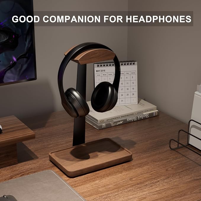 Wooden Headphone Stand, Wood Headset Stand for Desk, Universal Headphone Holder with Storage Base for Gaming, Sony,Bose