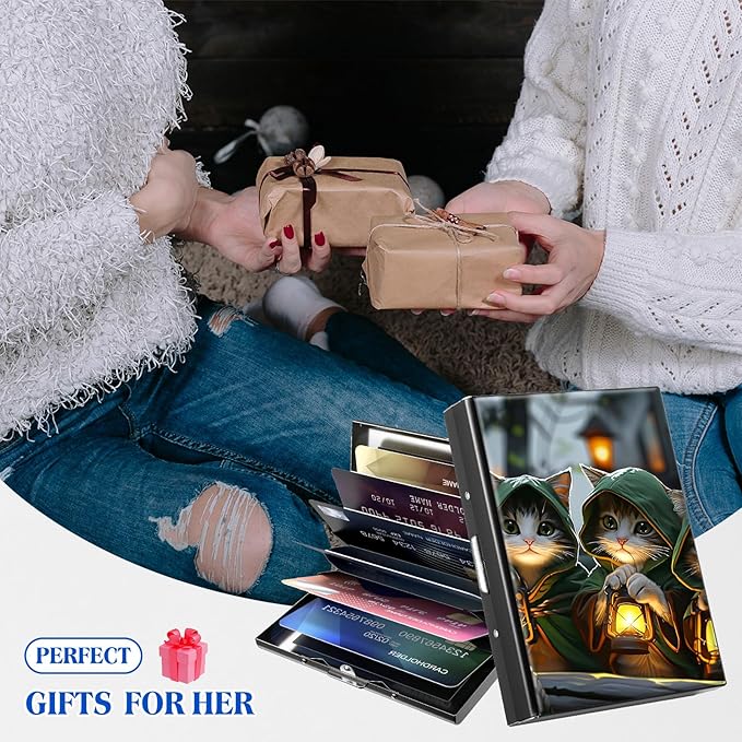 RFID Blocking Credit Card Holder - Slim Metal Wallet for Women & Men,Three Cute Cats Design Stainless Steel Business Card Case,Compact Pocket Organizer for Travel & Daily Use