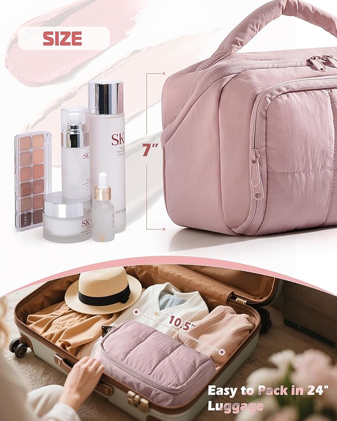 Marscamd Travel Makeup Bag for Women, Toiletry Organizer with Waterproof Pockets, Puffy Cosmetics Pouch for Makeup Brushes, Skincare & Travel Essentials, Pink (Bag only)