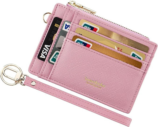 Wikavanli Women Slim Rfid Blocking Credit Card Case Holder Wristlet Zip ID Case Wallet Small Compact Leather Wallet Coin Purse with Keychain (Pink)