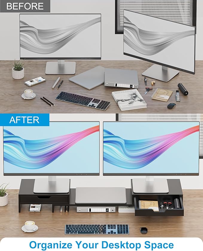Epesoware Dual Monitor Riser with Two Drawers for Desk, Bamboo Monitor Stand Riser with Storage, Desk Shelf for Computer, IMac & Laptop, No Assembly Required, Black