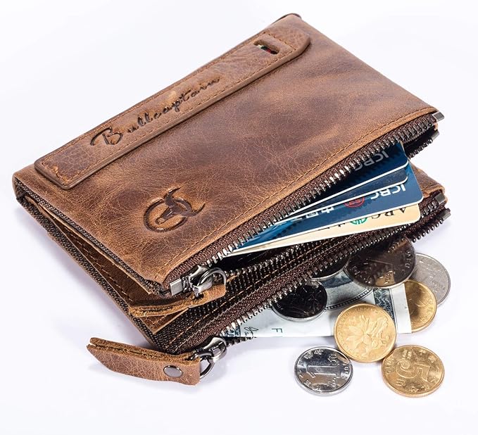 BULLCAPTAIN Genuine Leather Wallet for Men Vintage Bifold with Double Zipper Pockets (Brown)