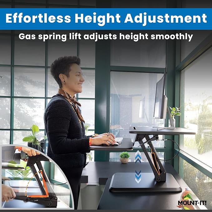 Mount-It! Standing Desk Converter, Compact 25" Sit Stand Desk Riser with Gas Spring Lift, Adjustable Height Desktop Riser for Laptop, Monitor, and Keyboard, Small Home Office Desk Converter