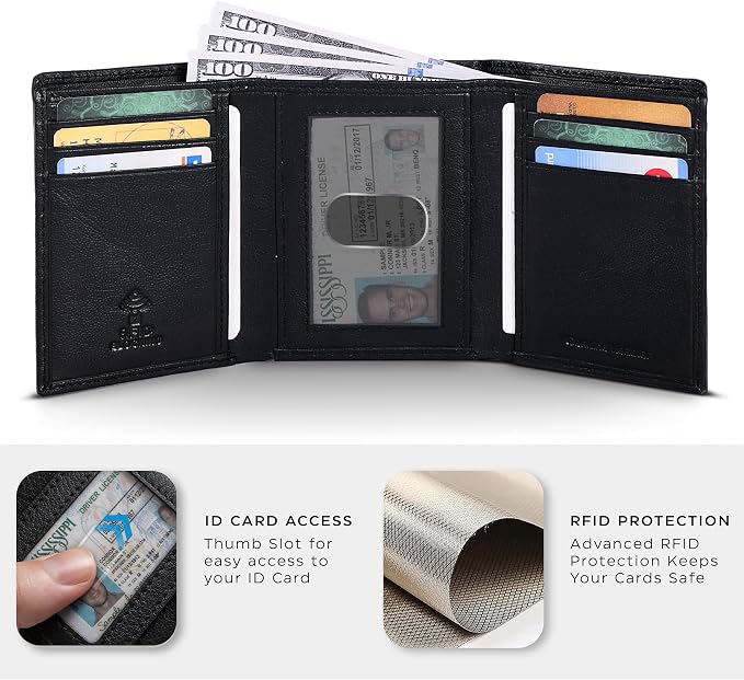 Tri fold Leather Wallet for Men with RFID | Slim Wallets for Men with 1 ID and 6 Credit card slots | Front Pocket Minimalist