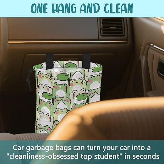 Car Garbage Bag Cute Cartoon Frogs Drawstring Car Trash Bag Hanging for Back Seat with Adjustable Buckle Canvas Vehicle Trash Can Easy-to-Install