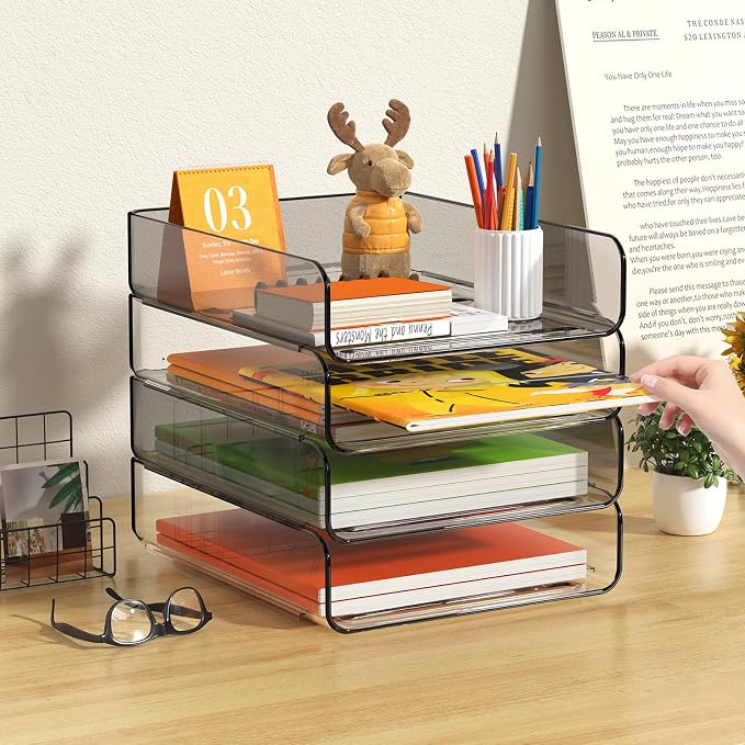 FANXIYQ 4-Tier Acrylic Paper Tray Organizer, Clear & Brown Stackable Desk Organizer for Documents, Files, A4 Paper, Mail, Books & Office Supplies, Office Classroom Home