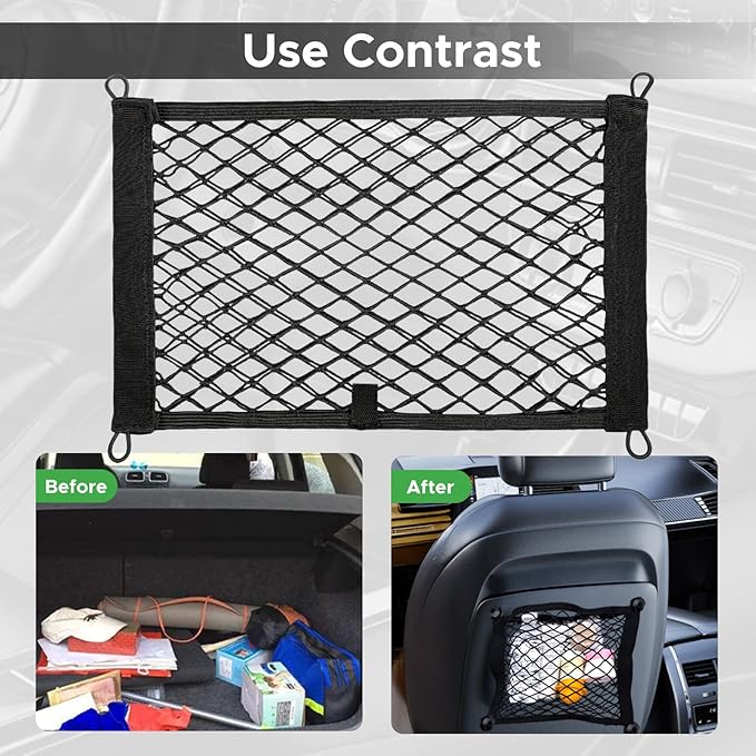 2 Pcs Small Cargo Net - Car Storage Organizer with Elastic Pocket - Trunk/Boat/Home Storage Mesh w/Screws/Hooks