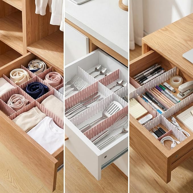 16 Pcs Adjustable Drawer Dividers, DIY Plastic Grid Separators for Clothes, Socks, Underwear, Kitchen and Office, Cuttable Drawer Organizer Dividers, 14.5 x 2.7 in (4 Packs of 4)（Pink）