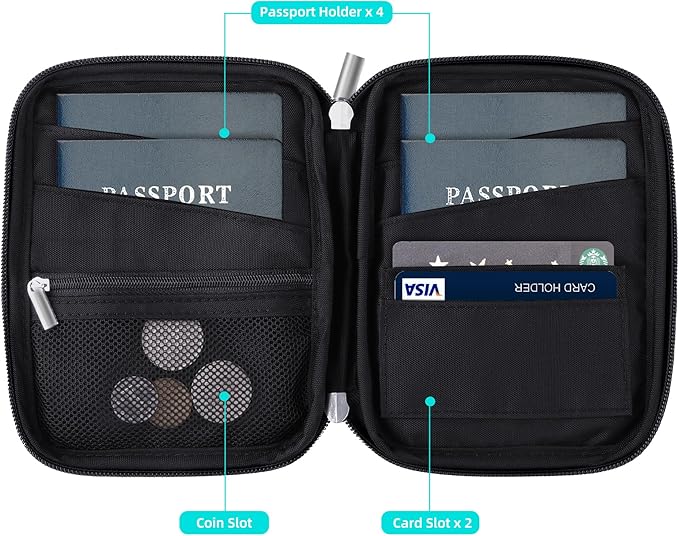 WALNEW Passport Holder Family for 4, RFID Blocking Travel Wallet Women Men, Lightweight Zipper Document Organizer Pouch Bag Credit Cards Case Cover for Travelling, Black | Family for 4, RFID Blocking, Lightweight, Zipper, Document Organizer, Pouch Bag