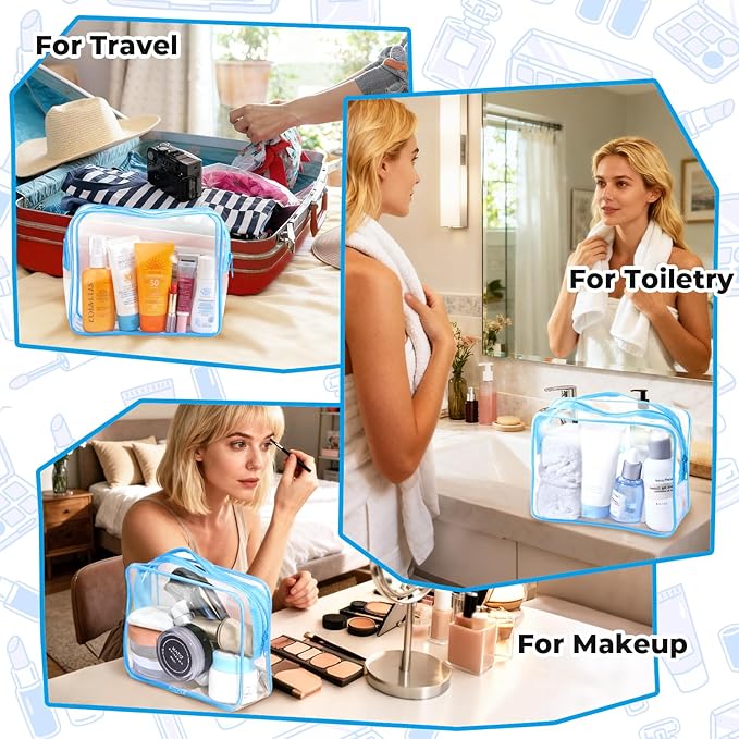 6 Pieces Clear Makeup Bags Bulk TSA Approved Toiletry Bag for Travel PVC Waterproof Clear Cosmetic Pouch with Zipper for Men and Women Carry-on Travel Essentials (Blue)