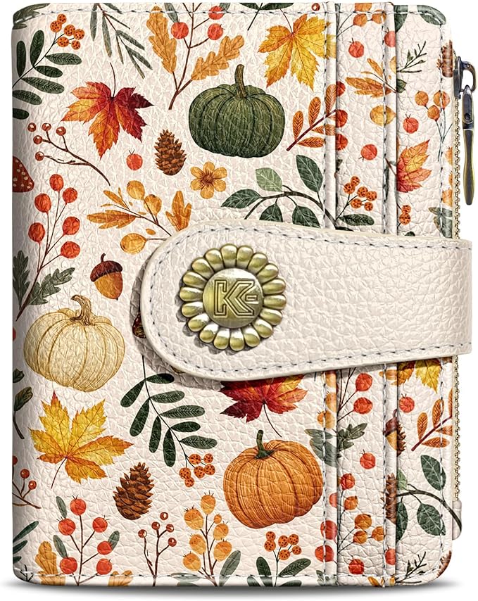 Kelvoris Pumpkin Fall Leaves Mushroom Halloween Small Rfid Women Travel Wallet Bifold Zipper Coin Pocket PU Leather Compact Cash Credit Card Holder Female Ladies Teen Girls 1 ID Window 10 Card Slots