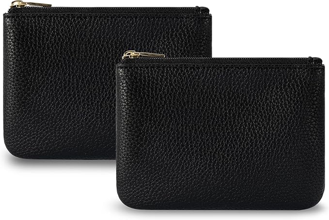 Chelmon PU Leather Coin Purse Pouch Change Holder Small With Zipper for Men Women 2 PCS Set (Black&Black)
