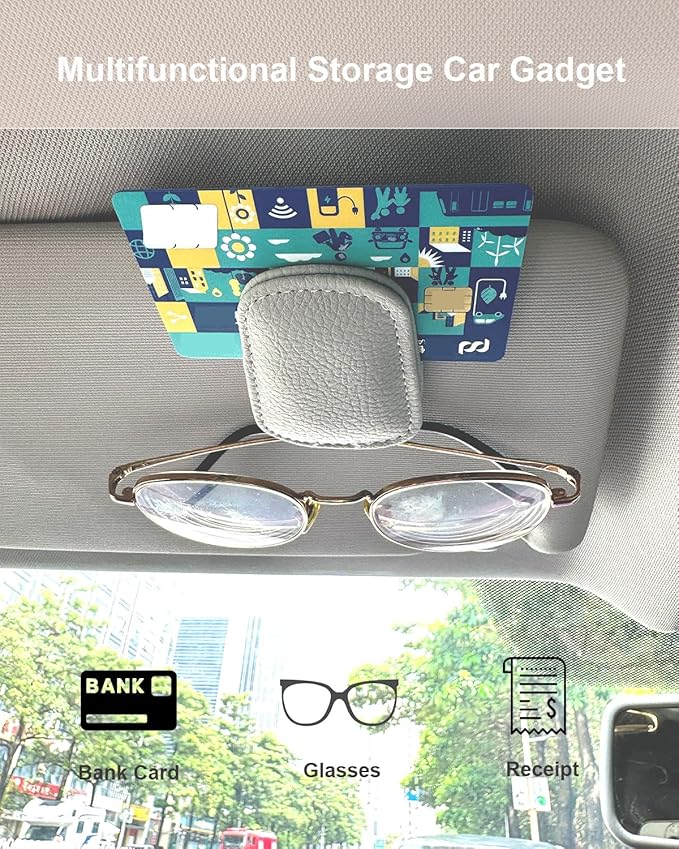 Car Visor Sunglasses Holder, 2 Pack Grey Strong Magnetic Leather Eye Glasses Hanger Clip, Auto Car Truck Sun Visor Accessories