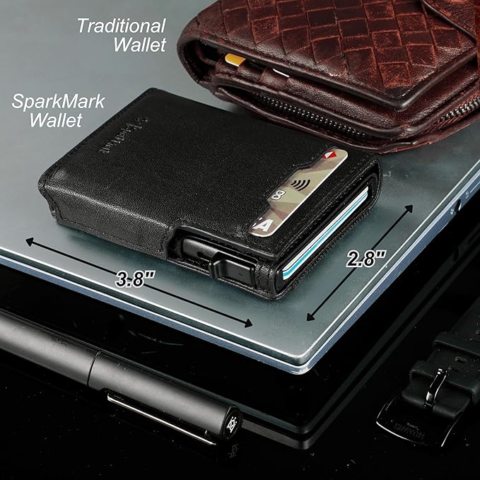 Minimalist Pop Up Wallet for Men | RFID Blocking Credit Card Holder Wallet with Money Clip | Mens Wallet Slim Bifold Front Pocket Metal Case with Gift Box (Genuine Full Grain Smooth Leather)
