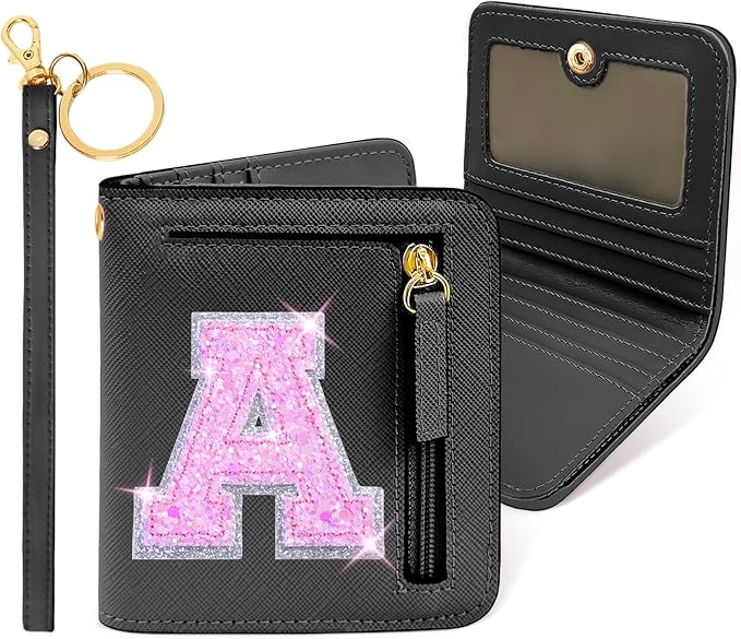 COSHAYSOO Initial RFID Wallet Small Teen Girl Gifts Trendy Stuff Women Birthday Graduation Easter Gift Idea for Girls 6 7 8 9 10 11 12 13 14 Year Old Preppy Cute Girly Travel Necessities Black A
