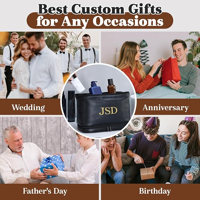 Personalized Leather Toiletry Bag for Men, Embroidered Custom Initials, Men's Travel Accessories, Gifts for Dad, Grandpa, Husband, Groomsmen, Father's Day Birthday Gifts (Style 6)