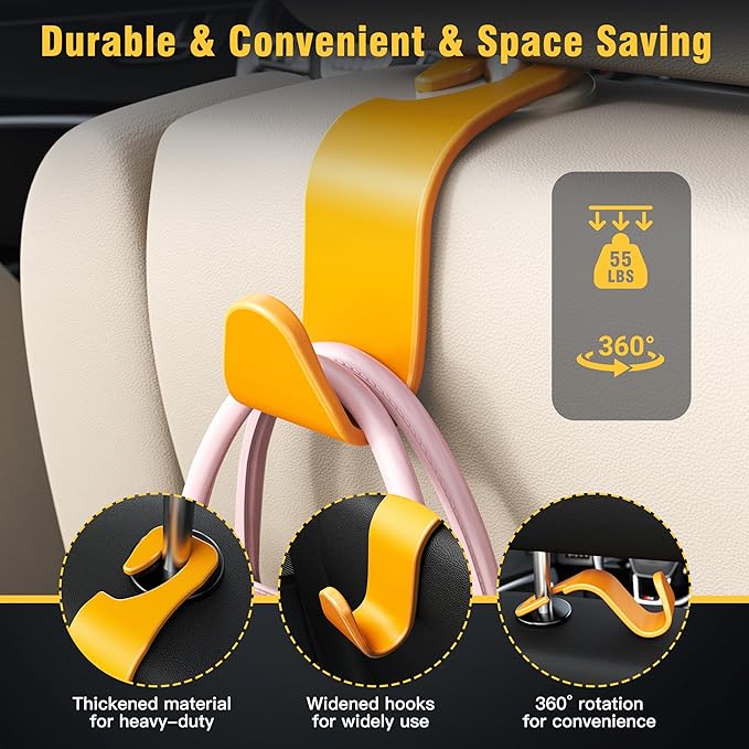 Amooca Car Seat Headrest Hook 4 Pack Hanger Universal Vehicle Car Storage Organizer for Handbag Purse Coat S Type Yellow