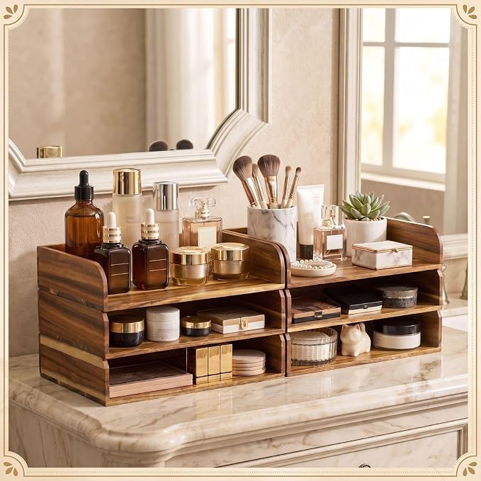 Novabright 6 Pcs Stackable Paper Organizer Tray Acacia Wood Desk Organizer Letter Tray Desktop Letter Size Office Wooden Desk Shelf Paper Holder Folder Organization Rack for File Document (Acacia)