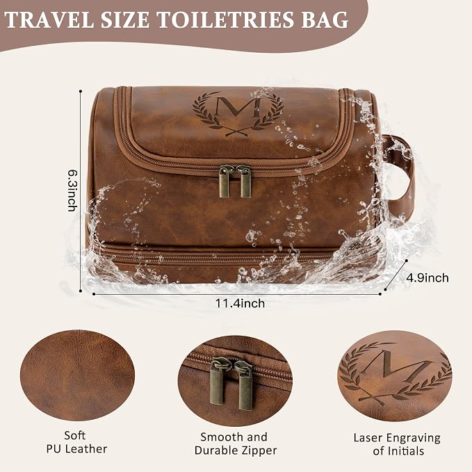 Travel Essentials Accessories Initial Letter Hanging Toiletry Bag for Men, Personalized PU Leather Waterproof Travel Size Toiletries Storage Organizer Shaving Bag for Men, Light Brown R