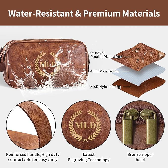Personalized Leather Toiletry Bag for Men, Large Capacity Toiletry Travel Bag, PU Leather Waterproof Shaving Bag, Travel Essentials Customized Gifts for Husband, Groomsmen, Father's Day (Style 5)